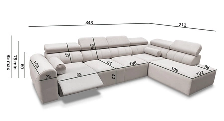 Narożnik z funkcją spania Cantare XI Lux ciemny beż prawostronny komfortowy narożnik do salonu z podnoszonym podnóżkiem miękka tkanina