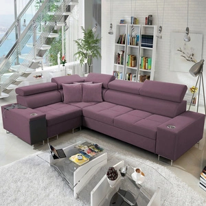 Narożnik z funkcją spania Dafni II wrzosowy lewostronny velvet narożnik z pojemnikiem na pościel szuflada z pełnym wysuwem