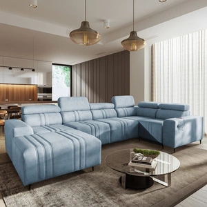 Narożnik z funkcją spania Castel IV błękitny lewostronny stylowy narożnik z pojemnikami na pościel i regulowanymi zagłówkami