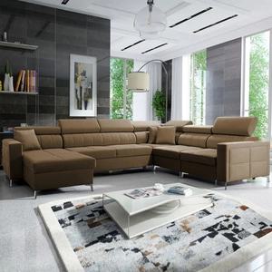 Narożnik z funkcją spania Nausa VII jasny brąz lewostronny elegancki narożnik do salonu wykonany z miękkiej tkaniny typu velvet