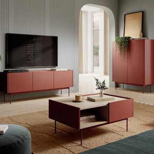 Zestaw mebli Vellore ceglasty elegancka meblościanka o oryginalnym designie subtelnie obniżone blaty stanowią dekorację mebli