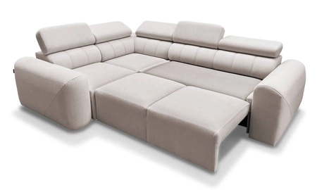 Narożnik z funkcją spania Cantare II Lux ciemny beż lewostronny komfortowy narożnik do salonu z podnoszonym podnóżkiem miękka tkanina