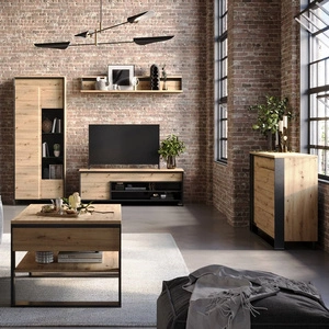 Zestaw mebli Quant dąb artisan / czarny designerska meblościanka w stylu loftowym oświetlenie LED trójwymiarowy charakter frontów