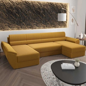 Narożnik z funkcją spania Fogu U III miodowy stylowy narożnik z podłokietnikami i pojemnikiem na pościel sztruksowa tkanina