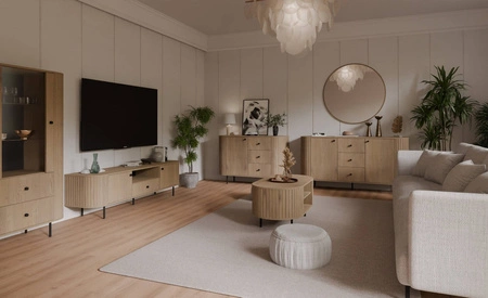 Witryna Ovalio 97 cm dąb cremona stylowy design bezpieczne szkło hartowane witryna o owalnym kształcie z dekoracyjnymi frezowaniami