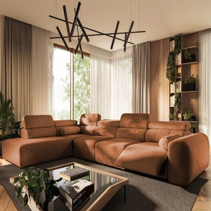 Narożnik z funkcją spania Cantare XI Lux ceglasty lewostronny komfortowy narożnik do salonu z podnoszonym podnóżkiem miękka tkanina