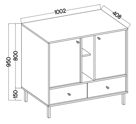 Komoda z szufladami Kioto II 100 cm eukaliptus nowoczesny design metalowe wysokie nogi w kolorze czarnym komoda o oryginalnej stylistyce