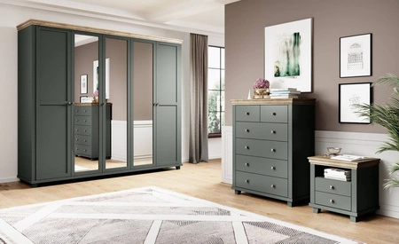 Komoda z szufladami Evora 90 cm butelkowa zieleń / dąb lefkas wysoka komoda idealna do wnętrz w stylu klasycznym i skandynawskim