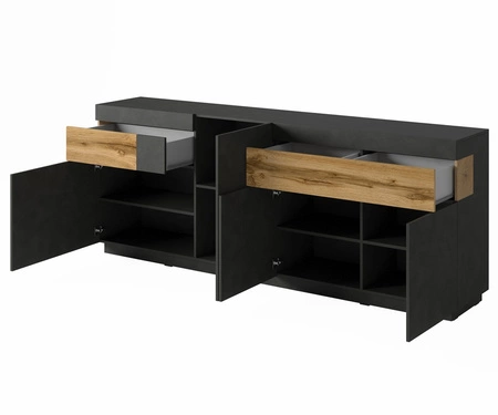 Komoda z szufladami Silke 219 cm matera / dąb wotan nietuzinkowa komoda idealna do nowoczesnych wnętrz push to open