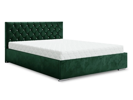 Łóżko tapicerowane Bauru 140x200 butelkowa zieleń z pojemnikiem w nowoczesnym skandynawskim stylu z pikowanym zagłówkiem z kryształkami