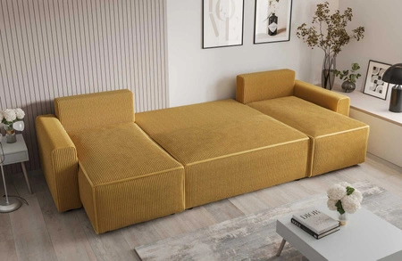 Narożnik z funkcją spania Brandon U Bis niebieski pojemnik na pościel trójwymiarowa tkanina o wyrazistych prążkach miękkie podłokietniki