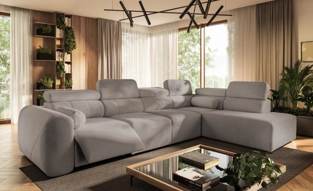 Narożnik z funkcją spania Cantare XI Lux szary popiel prawostronny komfortowy narożnik do salonu z podnoszonym podnóżkiem miękka tkanina