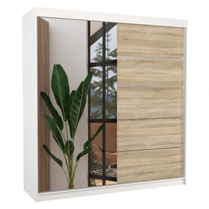 Szafa przesuwna z lustrem Oliver 200 cm biały / dąb sonoma jasny pojemna szafa z ozdobnymi listwami ergonomiczny układ wnętrza