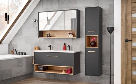 Szafka łazienkowa wisząca z lustrem Borneo 100 cm szary / dąb artisan pojemna szafka o nowoczesnym designie wyrazista kolorystyka