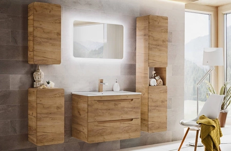 Szafka pod umywalkę Aruba 60 cm dąb craft złoty starannie wykonana szafka z szufladami odporna na wilgoć owalny kształt