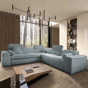 Narożnik z funkcją spania Viano III szary błękit prawostronny narożnik z pojemnikami na pościel doskonały do nowoczesnych wnętrz