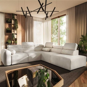 Narożnik z funkcją spania Cantare IX kremowy prawostronny komfortowy narożnik rozkładany nowoczesny design pluszowa tkanina