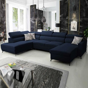 Narożnik z funkcją spania Savona VI granatowy prawostronny elegancki i komfortowy narożnik do salonu z dwoma pojemnikami na pościel