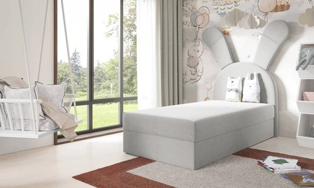 Łóżko kontynentalne Beti 100x200 siwe wyjątkowe łóżko do pokoju dziecięcego uroczy wysoki zagłówek w kształcie króliczka