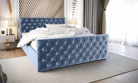 Łóżko tapicerowane Uberaba 180x200 błękitne z pojemnikiem w nowoczesnym skandynawskim stylu z pikowanym wezgłowiem i zanóżkiem z kryształkami