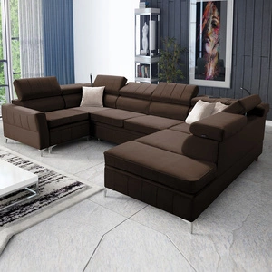 Narożnik z funkcją spania Rava V brązowy prawostronny komfortowy narożnik z pojemnikami na pościel oraz wielofunkcyjną lampką