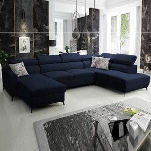 Narożnik z funkcją spania Savona VI granatowy lewostronny elegancki i komfortowy narożnik do salonu z dwoma pojemnikami na pościel