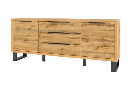 Komoda z szufladami Halle 201 cm dąb wotan funkcjonalna idealna do wnętrz w stylu industrialnym i loftowym stabilna metalowa podstawa