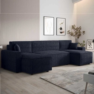 Narożnik z funkcją spania Brandon U Bis granatowy pojemnik na pościel podłokietniki tkanina o charakterystycznej pętelkowej powierzchni