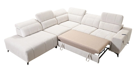 Narożnik z funkcją spania Penejos IX ciemny beżowy lewostronny stylowy narożnik z pojemnikami na pościel wygodne regulowane zagłówki