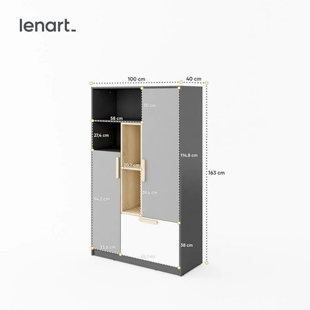 Komoda wysoka Pok 100 cm grafit / szary / biały / buk ibsen stylowa komoda z szufladą i półkami o nowoczesnym designie