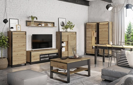 Komoda wysoka Quant 60 cm dąb artisan / czarny nowoczesny design komoda z oświetleniem LED system otwierania drzwi push to open