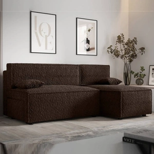 Narożnik z funkcją spania Brandon brązowy prawostronny miękka tkanina o charakterystycznej pętelkowej powierzchni pojemnik na pościel