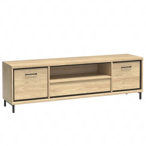 Szafka RTV Mediolan Plus 181 cm hikora elegancka szafka wsparta na metalowych nogach szuflada z systemem push to open stylowe czarne dodatki