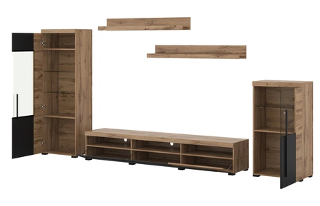 Meblościanka Roger dąb wotan / czarny gustowna stylistyka mebli wzbogacona o stylowe czarne dodatki idealna meblościanka do pokoju dziennego