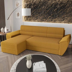 Narożnik z funkcją spania Fogu II miodowy lewostronny stylowy narożnik z komfortowymi podłokietnikami i pojemnikiem na pościel