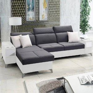 Narożnik z funkcją spania Elgin grafitowy / biały lewostronny narożnik z regulowanymi zagłówkami praktyczne szuflady w boczkach mebla