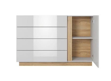 Komoda z szufladami Adria 138 cm biały połysk / dąb grandson nowoczesny design mebla obrzeża komody wykończone specjalną okleiną ABS