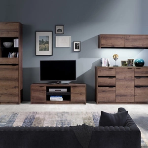 Meblościanka Denver dąb monastery / czarny połysk prosta forma meblościanki w nowoczesnym wydaniu trwałe metalowe uchwyty