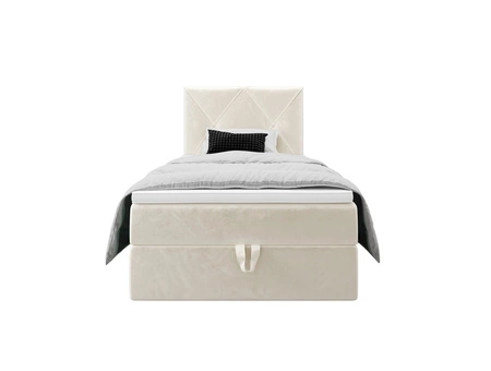 Łóżko kontynentalne Arvada 90x200 beżowe w nowoczesnym skandynawskim stylu z tapicerowanym zagłówkiem łóżko z pojemnikiem