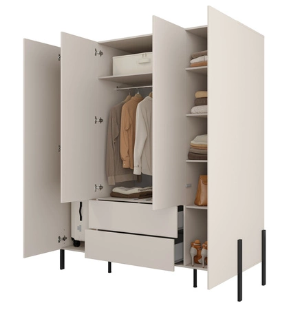 Szafa Jukon S 184 cm beżowa gustowna forma mebla w nowoczesnym stylu system otwierania push to open metalowe czarne nogi pojemne szuflady