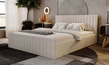 Łóżko tapicerowane Sobral 160x200 ciemny beżowy komfortowe łóżko z pojemnikiem na pościel gustowny zagłówek i zanóżek