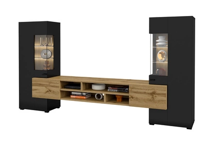 Meblościanka Coby czarna / dąb wotan stylowe meble o ciekawym designie czarne uchwyty meblościanka do salonu elementy z szkła hartowanego