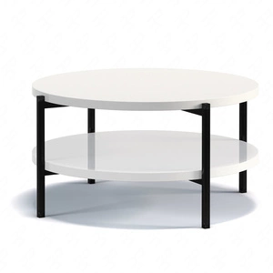 Stolik kawowy okrągły 84 cm Sampi biały połysk z dodatkową półką lekki design metalowa podstawa idealny stolik do każdej aranżacji