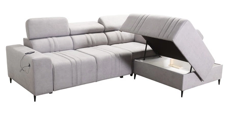 Narożnik z funkcją spania Castel VII jasny brąz prawostronny stylowy narożnik z pojemnikiem na pościel i regulowanymi zagłówkami