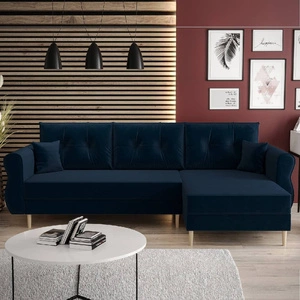 Narożnik z funkcją spania Wilkins granatowy prawostronny stylowy i nowoczesny design wpisujący się w każdą aranżację