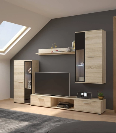 Meblościanka Senja dąb sonoma jasny nowoczesny design witryna stojąca i wisząca półki z bezpiecznego szkła hartowanego