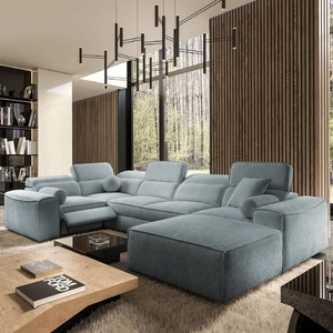 Narożnik z funkcją spania Viano IV Lux szary błękit prawostronny designerski narożnik z wysuwanym podnóżkiem duży pojemnik na pościel