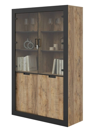 Witryna Tudor 120 cm dąb samdal / czarny stylowy design bezpieczne szkło hartowane witryna z drzwiami przesuwnymi w stylu industrialnym