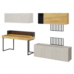 Meblościanka Teen Flex hikora naturalna / silk flou / raw steel designerskie meble z dużym biurkiem wpisujące się w trendy aranżacyjne