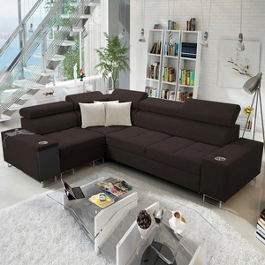 Narożnik z funkcją spania Dafni II brązowy lewostronny pleciony narożnik z pojemnikiem na pościel szuflada z pełnym wysuwem w boczku